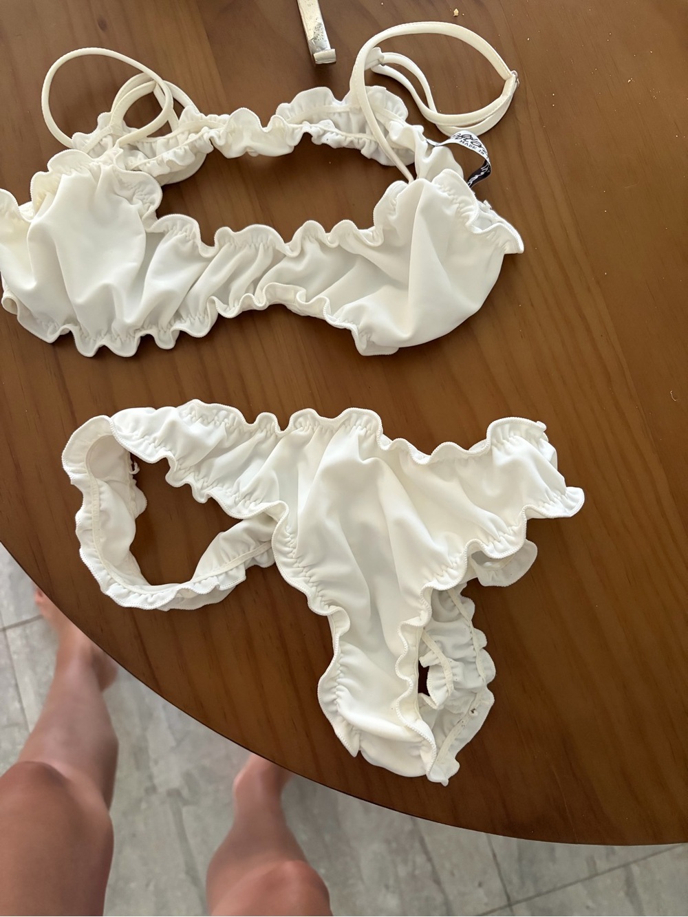 ‘Soft and Wet’ Ruffled White Bikini Set - Two Piece Swim thong bottom